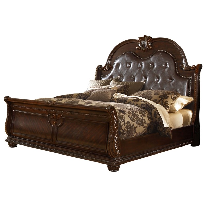 Roma King Size Traditional Upholstered Bed made with Wood in Dark Walnut