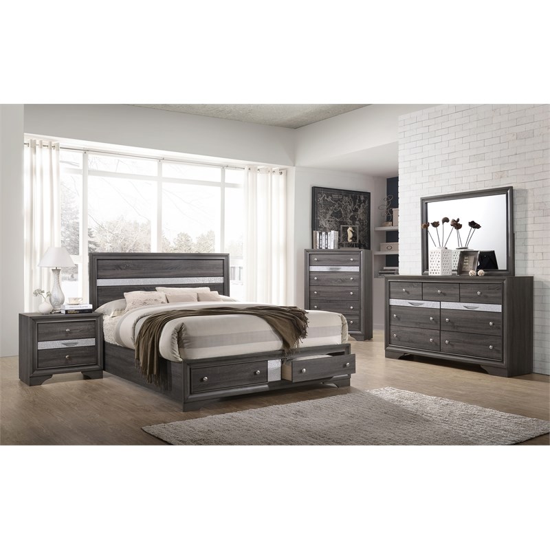 Traditional Matrix Queen 4 piece Storage Bedroom Set in Gray made with Wood