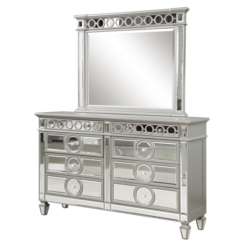 Symphony Mirror Front 6 Drawer Dresser made with wood in Silver