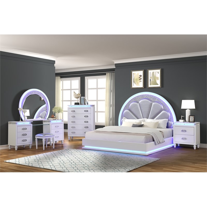 Perla Queen 5-N Pc Vanity LED Bedroom Set Made with Wood in Milky White
