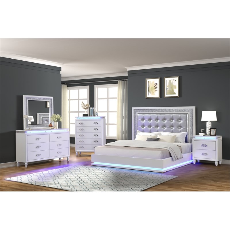 Passion LED Queen Bed Made with Wood in Milky White