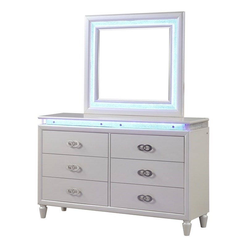 Galaxy Home Passion Solid Wood Dresser in Milky White with LED Lights