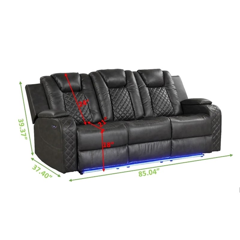 Benz LED & Power Recliner 2 PC Made With Faux Leather in Gray