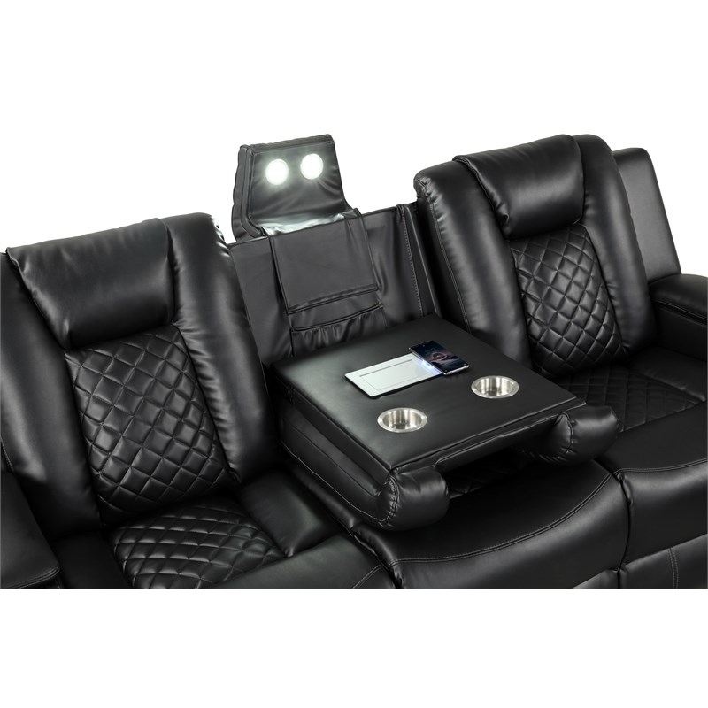 Benz LED & Power Recliner 3 PC Made With Faux Leather in Black