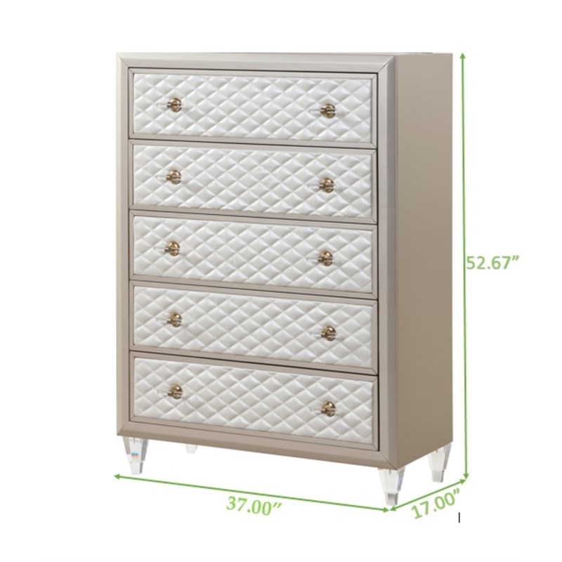 Tifany 5 Drawer Chest made with Wood in Ivory & Champagne Gold Color