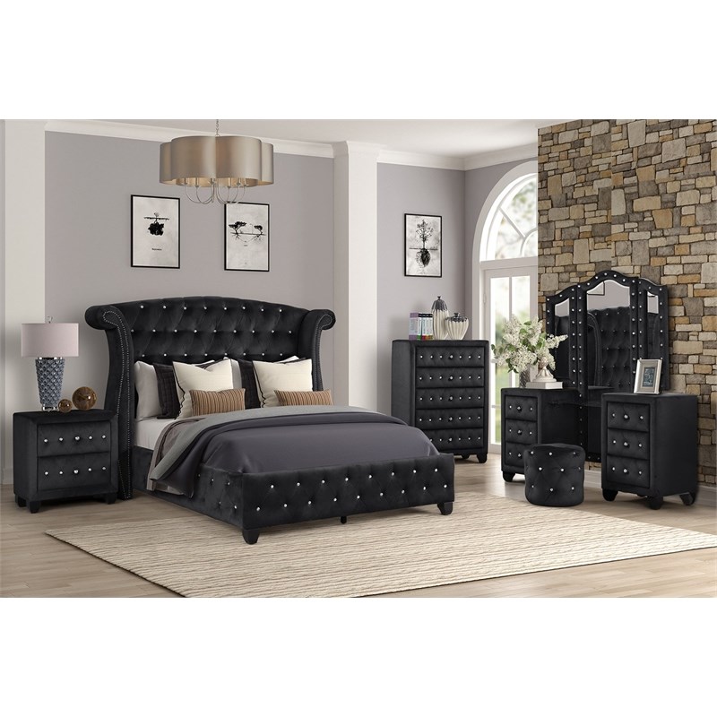 Sophia Full 5-N Vanity Upholstery Bedroom Set Made With Wood in Black