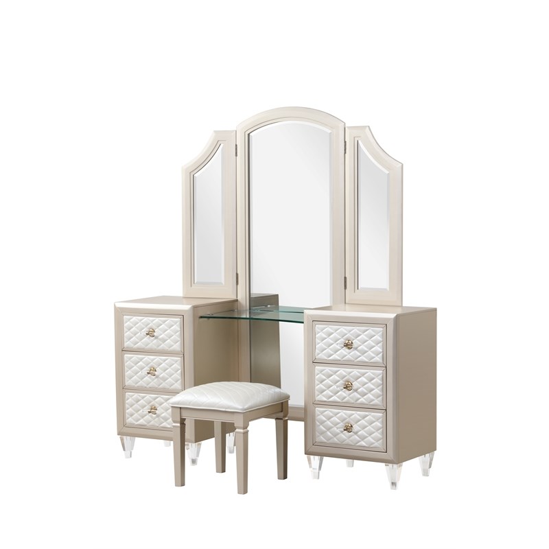 Tifany King 4 PC Vanity Bedroom Set made with wood in Ivory & Champagne Gold