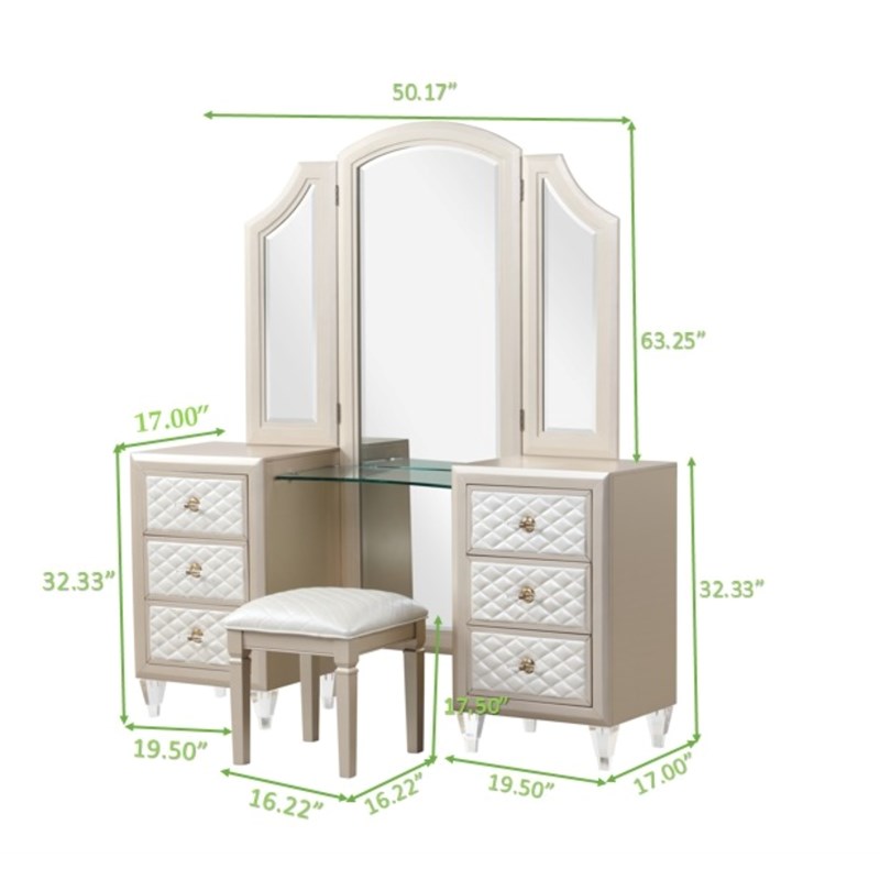 Tifany Queen 4pc Vanity Bedroom Set made with wood in Ivory & Champagne Gold