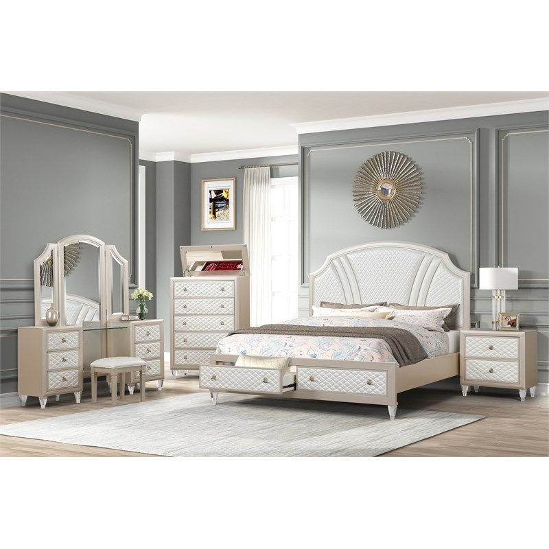 Tifany King 5-N  Vanity Bed Room Set Made with wood in Ivory & Champagne Gold