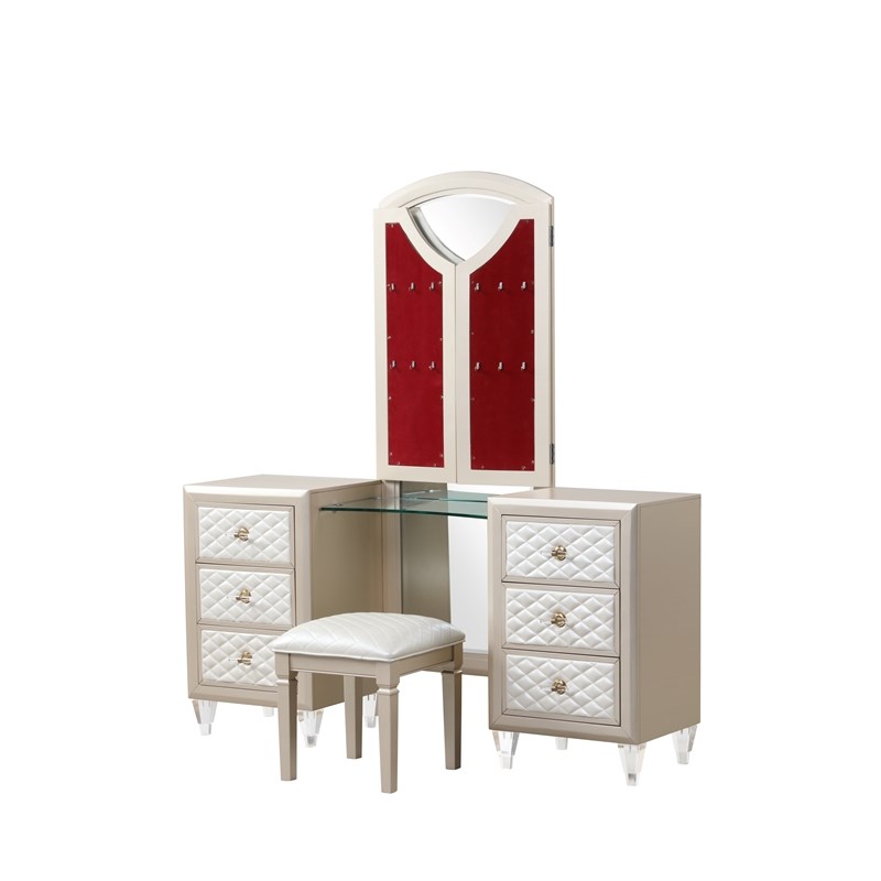Tifany Queen 5-N Vanity Bedroom Set made with wood in Ivory & Champagne Gold