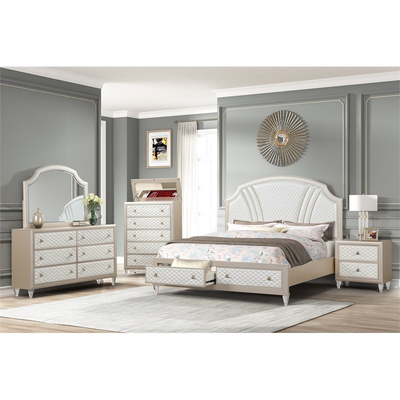 Tifany Queen 6 PC Bedroom set made with wood in Ivory & Champagne Gold