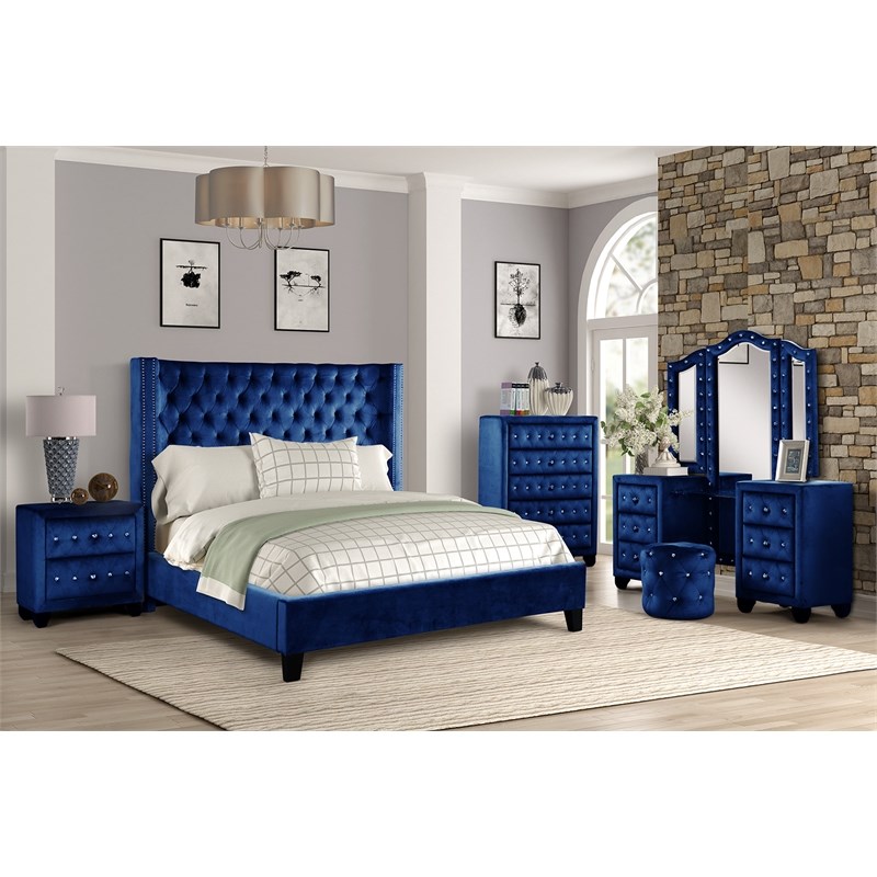 Allen Queen 5-N Pc Vanity Tufted Upholstery Bedroom Set made with Wood in Blue
