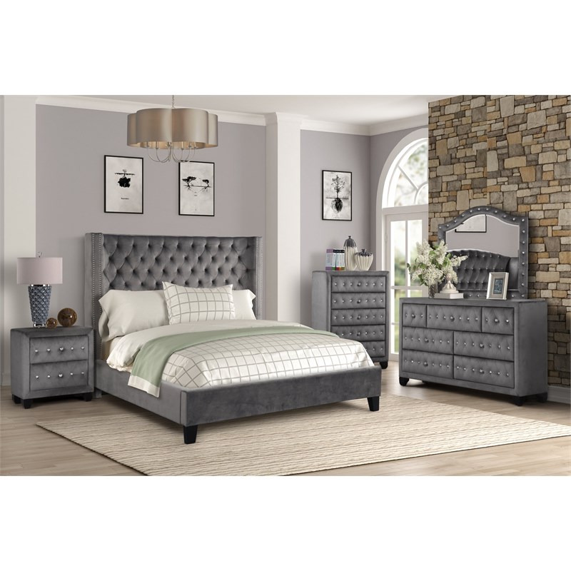 Allen King 5 Pc Tufted Upholstery Bedroom Set made with Wood in Gray
