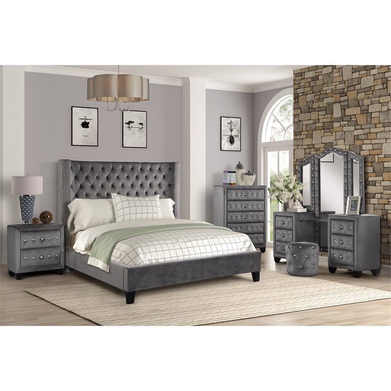 Allen Queen 5 Pc Vanity Tufted Upholstery Bedroom Set made with Wood in Gray