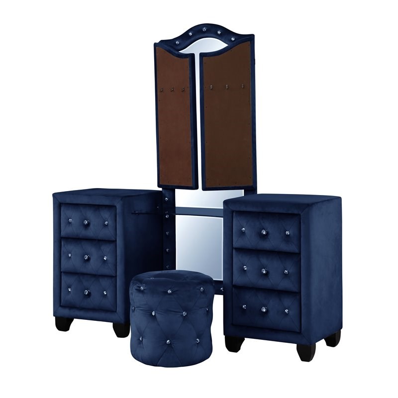 Nora Queen 4 Pc Vanity Tufted Storage Bedroom Set made with Wood in Blue