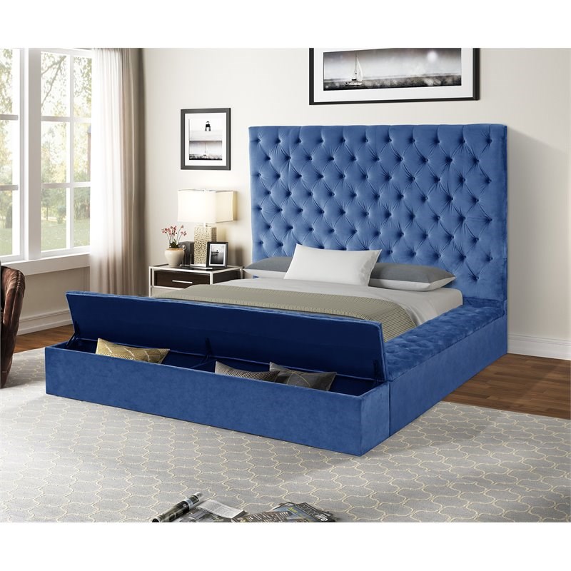 Nora Queen 4 Pc Vanity Tufted Storage Bedroom Set made with Wood in Blue