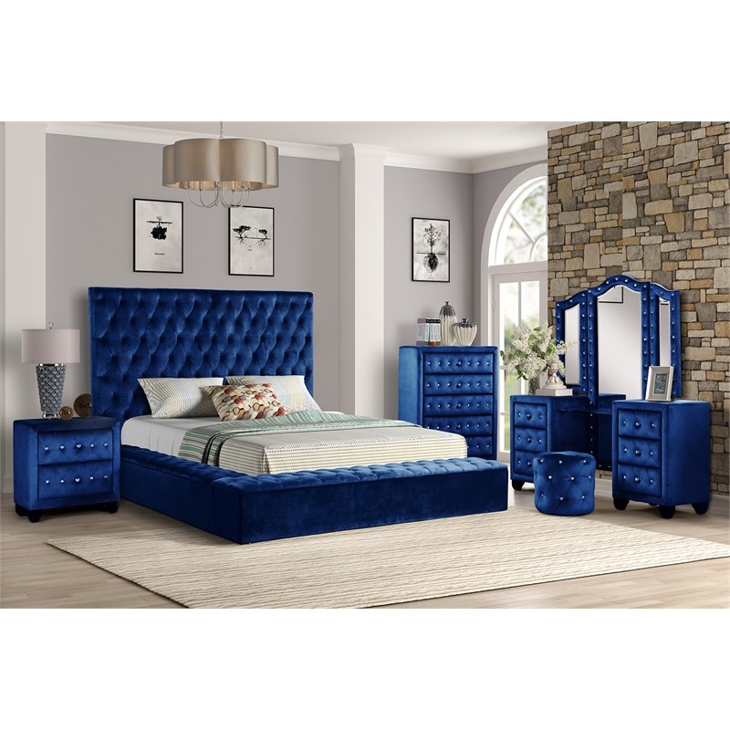 Nora Queen 6 Pc Vanity Tufted Storage Bedroom Set made with Wood in Blue