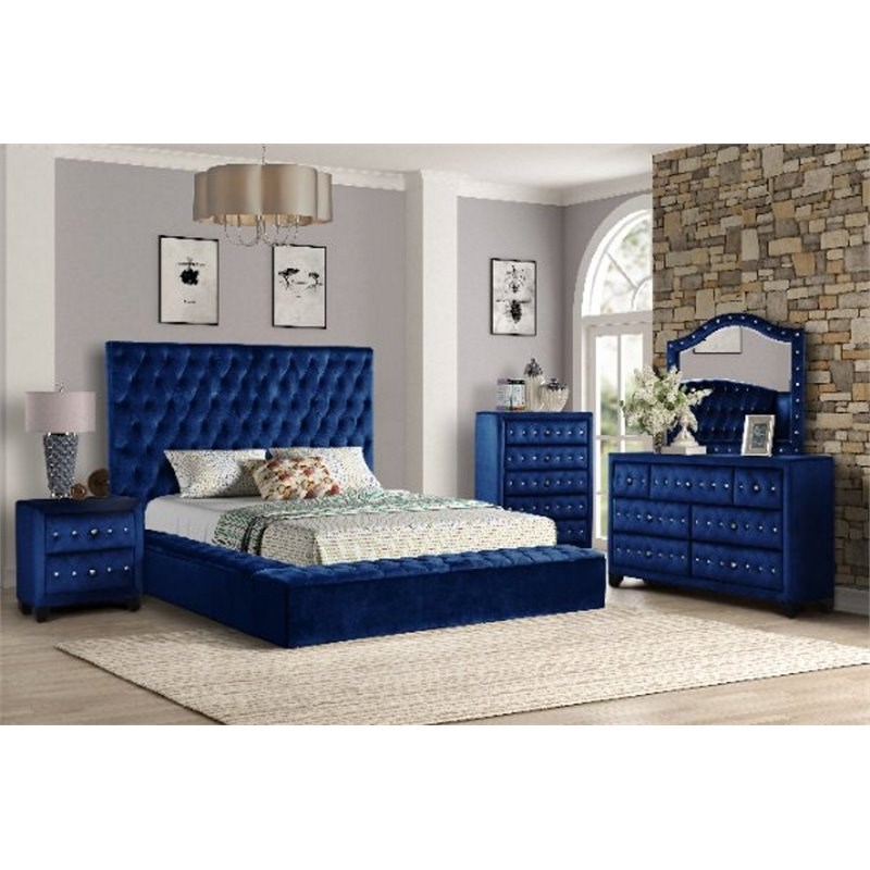 Nora Full 5-N Pc Tufted Storage Bedroom Set made with Wood in Blue