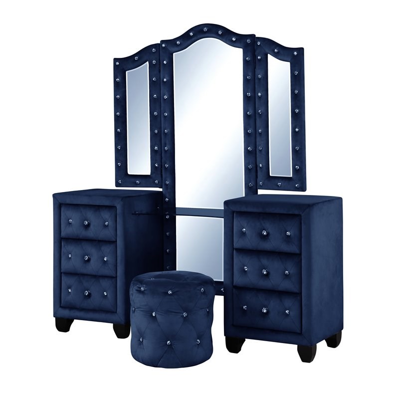 Nora Full 5-N Pc Vanity Tufted Storage Bedroom Set made with Wood in Blue