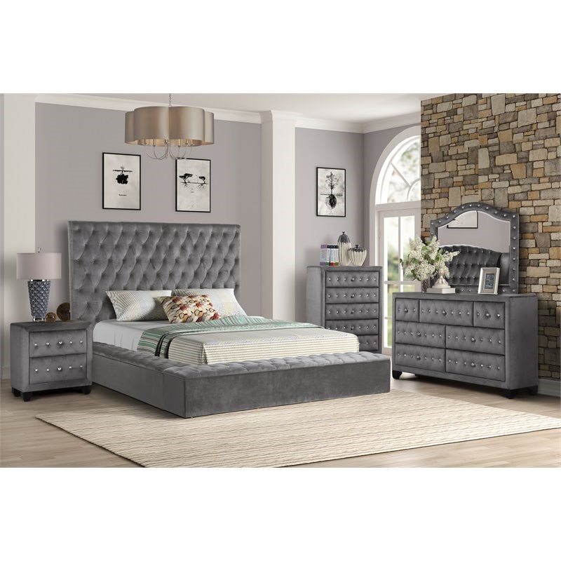 Nora Full 5 Pc Tufted Storage Bedroom Set made with Wood in Gray