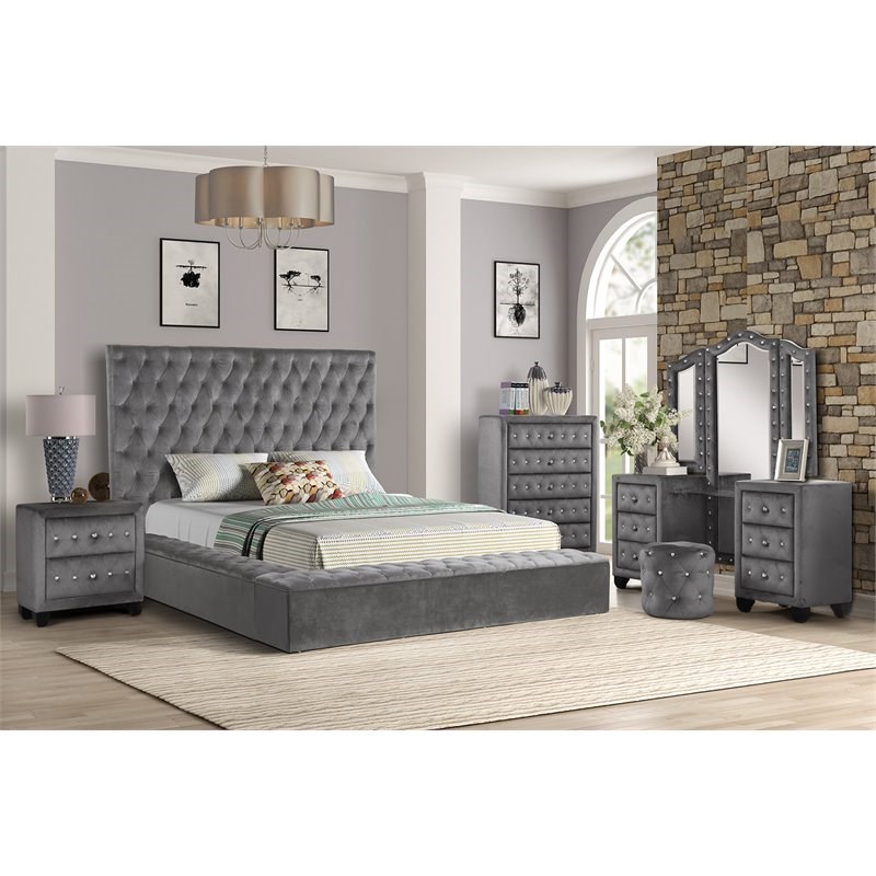 Nora Queen 5-N Pc Vanity Tufted Storage Bedroom Set made with Wood in Gray