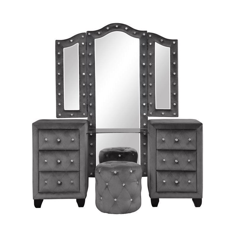 Nora Queen 5-N Pc Vanity Tufted Storage Bedroom Set made with Wood in Gray