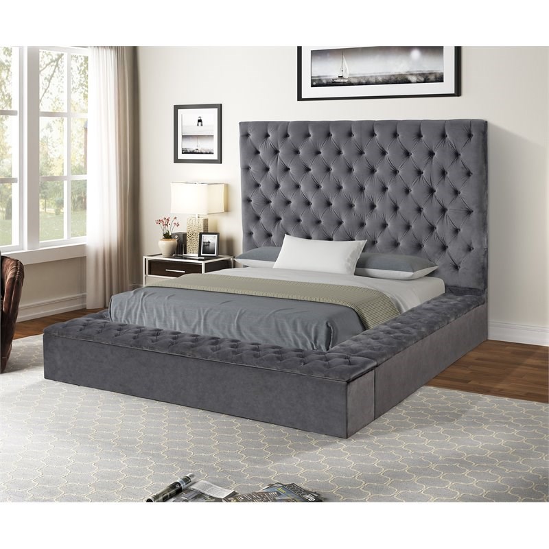Nora Queen 5 Pc Vanity Tufted Storage Bedroom Set made with Wood in Gray
