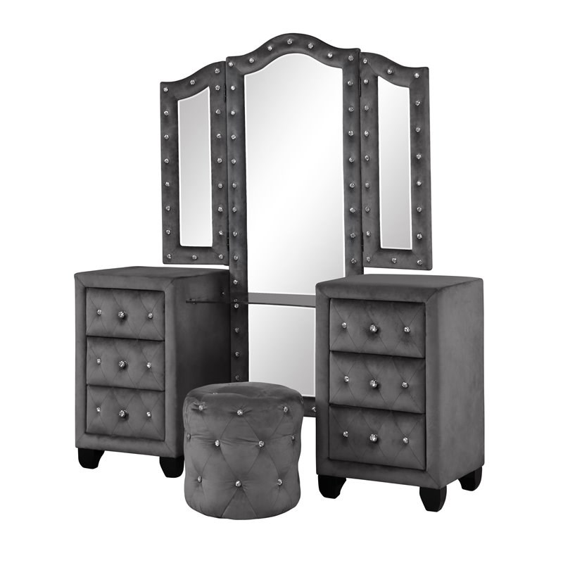 Nora Full 4 Pc Vanity Tufted Storage Bedroom Set made with Wood in Gray