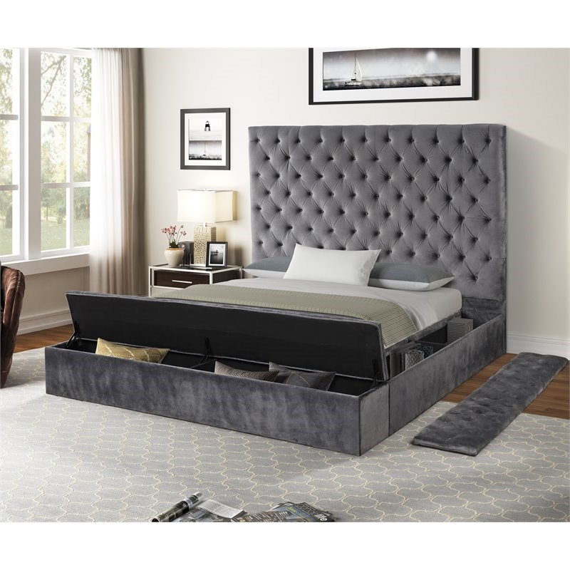 Nora Full 5 Pc Vanity Tufted Storage Bedroom Set made with Wood in Gray