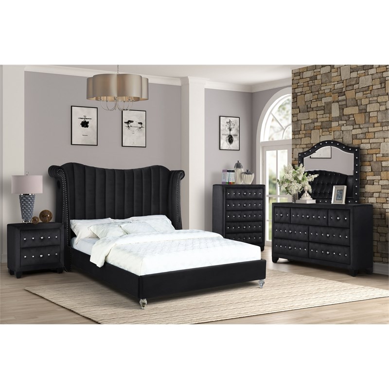 Tulip Queen 5 Pc Upholstery Bedroom Set Made With Wood In Black