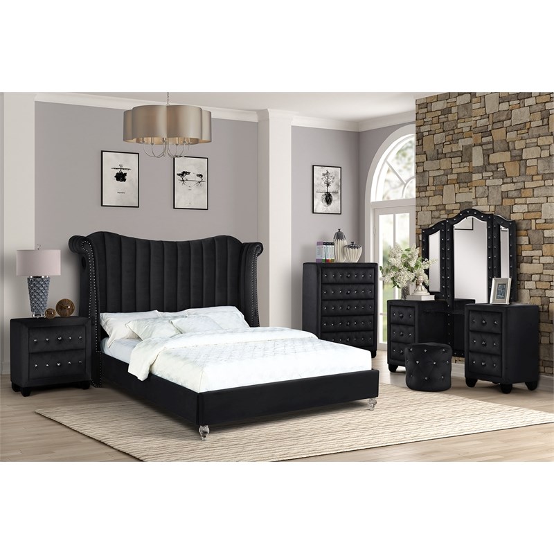Tulip Queen 6 Pc Vanity Bedroom Set Made With Solid Wood In Black Color