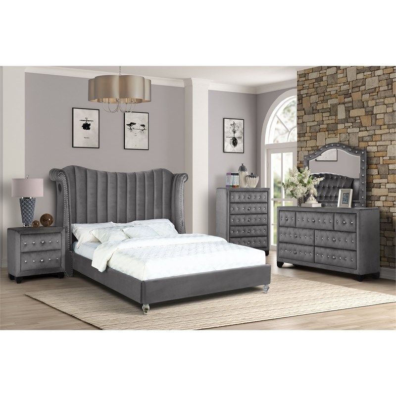 Tulip King 5-N Upholstery Bedroom Set Made With Wood In Gray