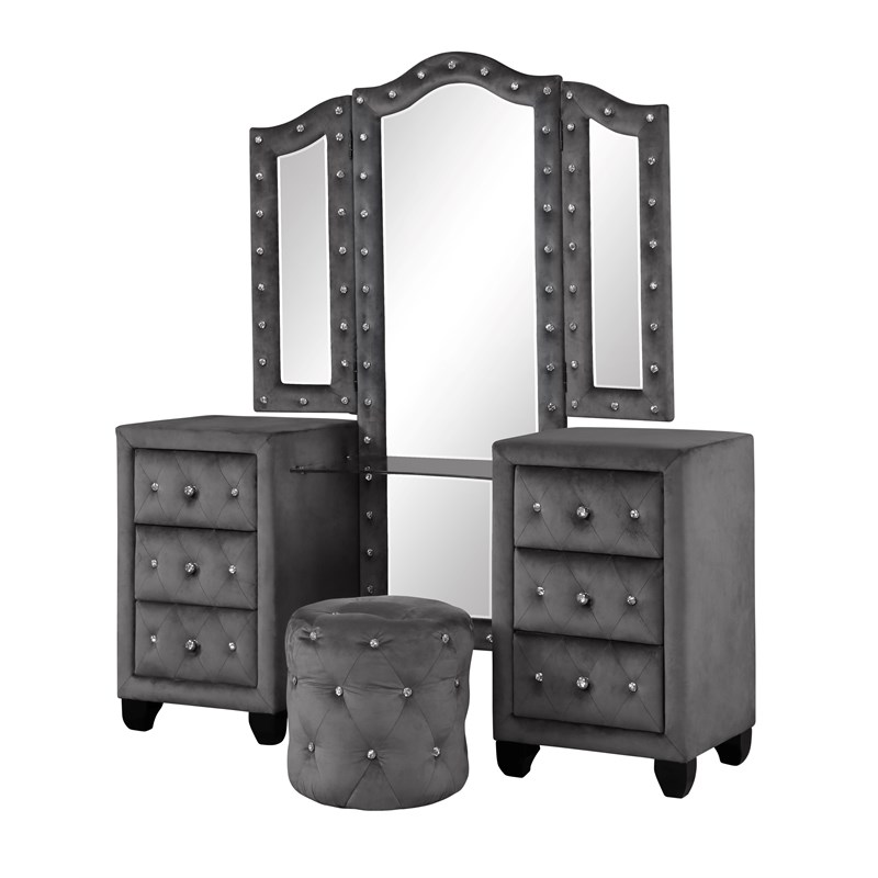 Tulip King 4 Pc Vanity Upholstery Bedroom Set Made With Wood In Gray