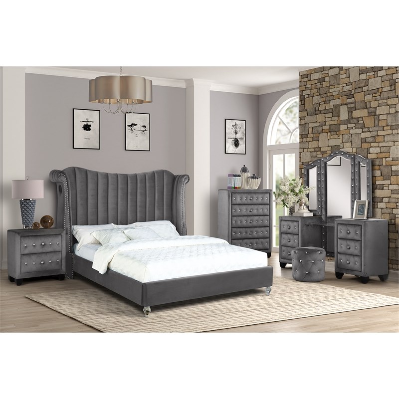 Tulip Queen 5 Pc Vanity Upholstery Bedroom Set Made With Wood In Gray