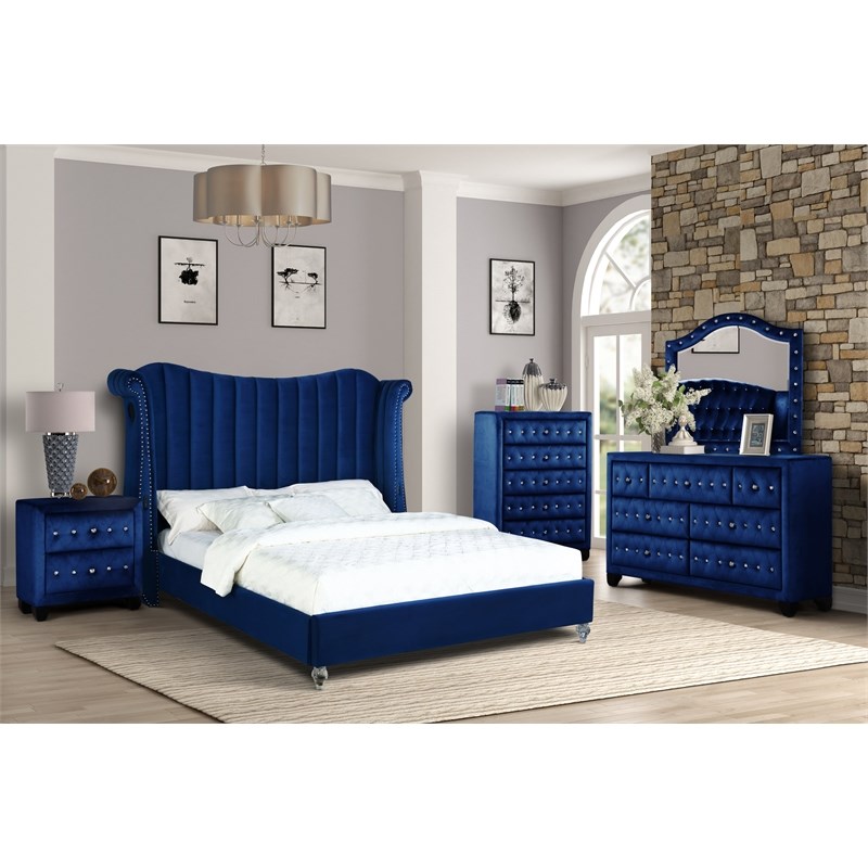 Tulip Queen 4 Pc Upholstery Bedroom Set Made With Wood In Blue Color