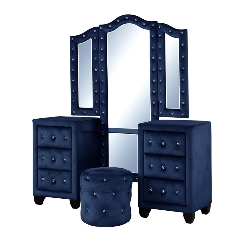 Tulip Queen 4 Pc Vanity Upholstery Bedroom Set Made With Wood In Blue