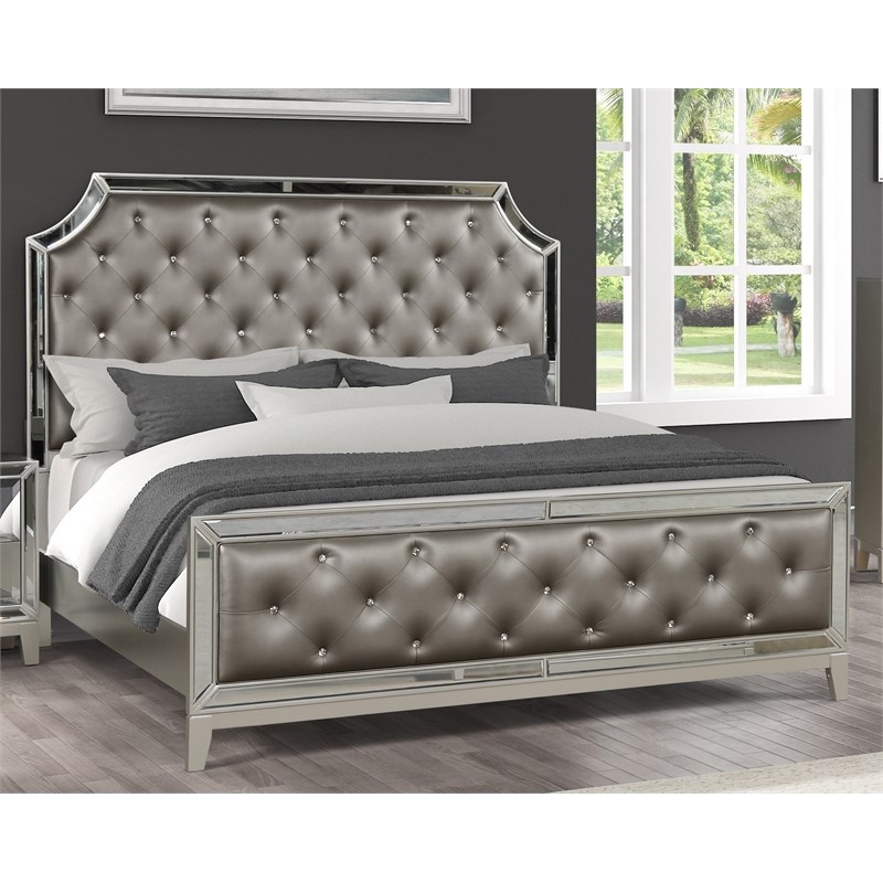 Harmony Queen 4 PC Mirror Front Bedroom set made with Wood in Silver Color