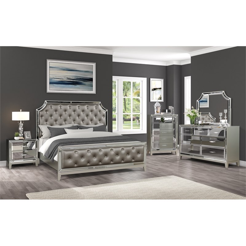 Harmony Full 5-N Mirror Front Bedroom set made with Wood in Silver Color