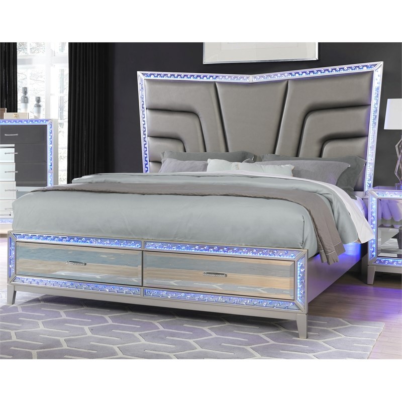 Luxury Mirror Front LED Queen Bed in Silver made with MDF Wood
