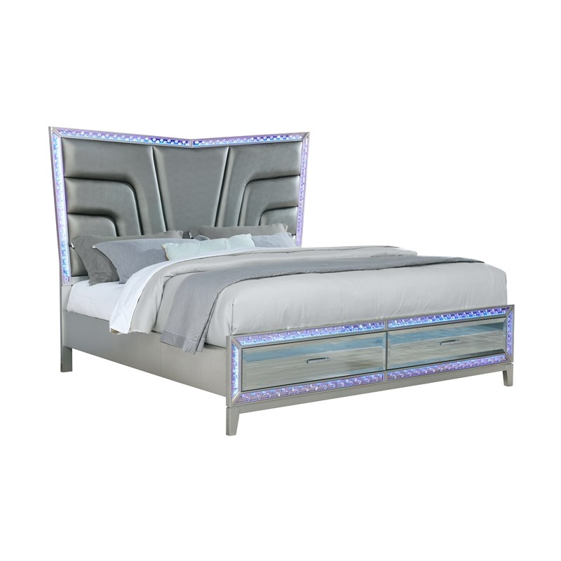 Luxury Mirror Front LED Queen Bed in Silver made with MDF Wood