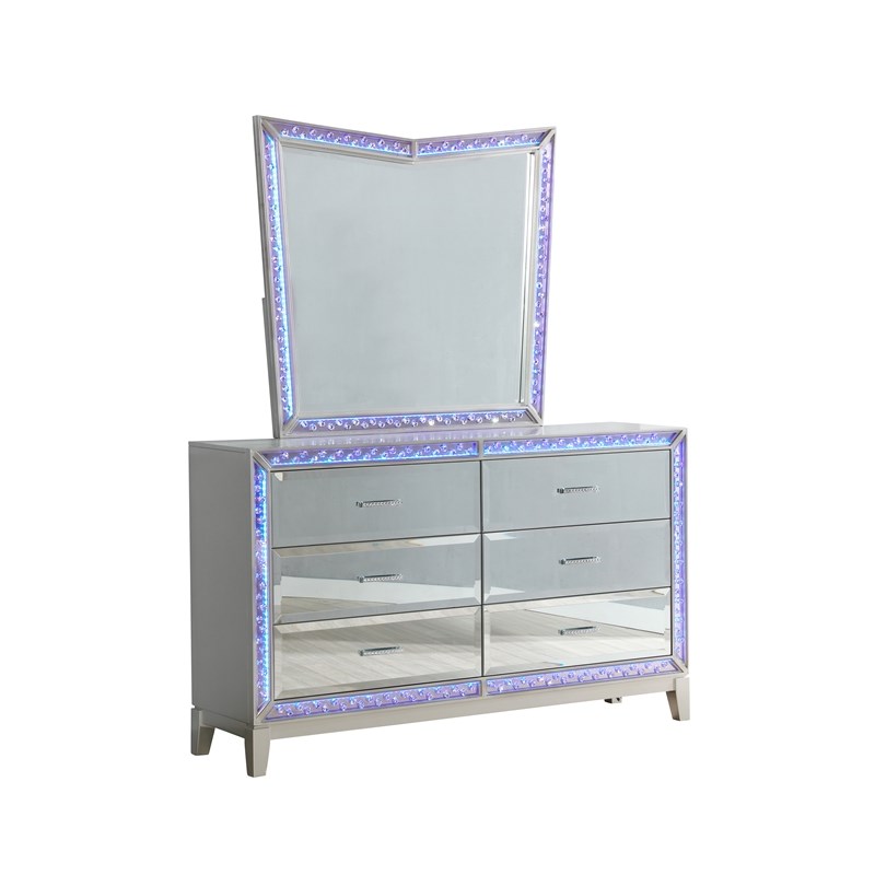 Luxury Mirror Front Queen 5-N Storage Bedroom Set in Silver made with MDF Wood