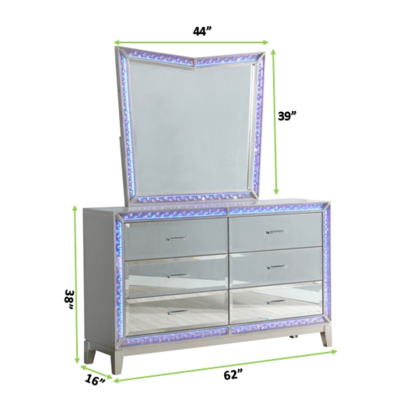 Luxury Mirror Front Queen 5 Pc Storage Bedroom Set in Silver made with MDF Wood