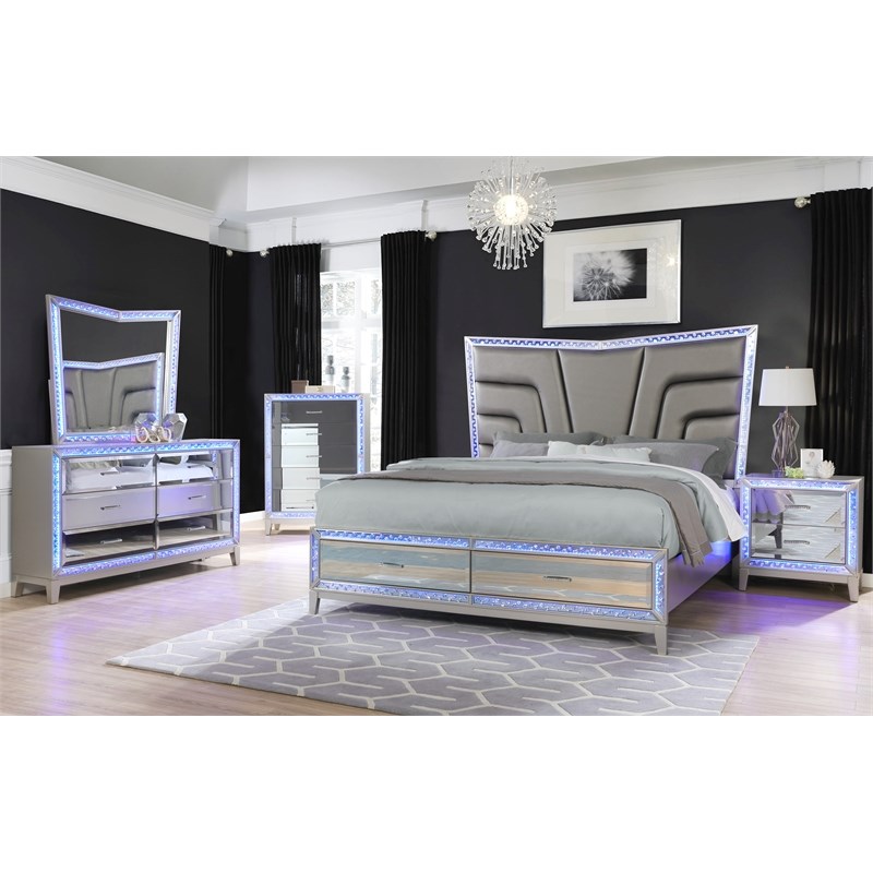 Luxury Mirror Front Queen 6 Pc Storage Bedroom Set in Silver made with MDF Wood