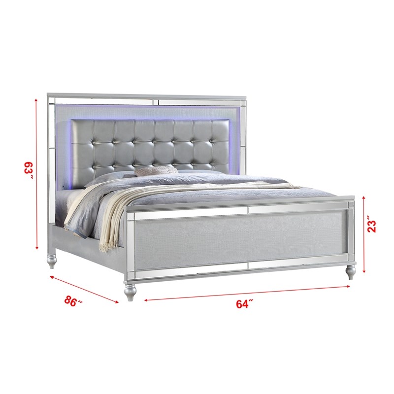 Sterling Queen 5-N LED Bedroom set made with wood in Silver Color