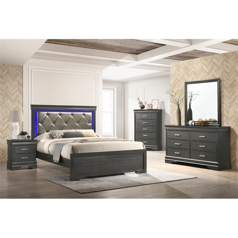 Brooklyn Twin 5-N Pc Tufted Upholstery LED Bedroom set made with Wood in Gray