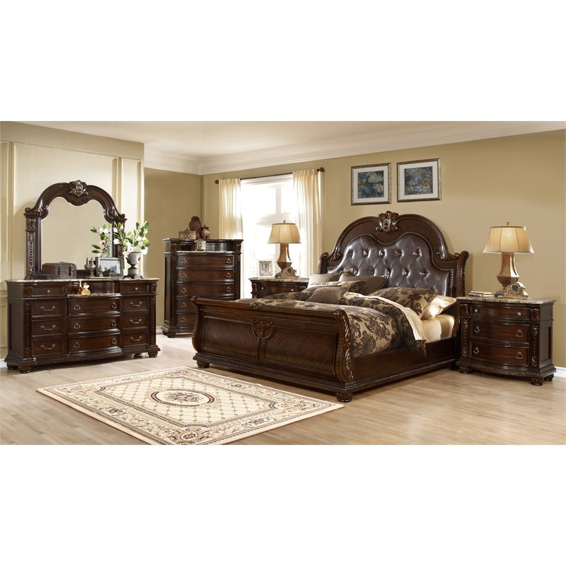 Roma Traditional Style Queen 6 Pc Bedroom set made with Wood in Dark Walnut