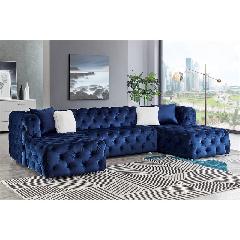 Donna U-Shaped Sectional in Blue Finished with Velvet Fabric