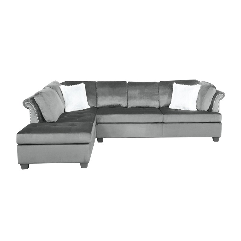 Omega L-Shaped Sectional in Gray Finished with Velvet Fabric