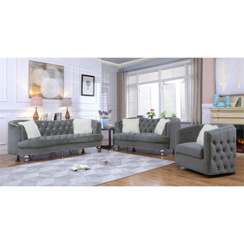 Afreen Button Tufted Chair Set Finished with Velvet Fabric Upholstery in Gray