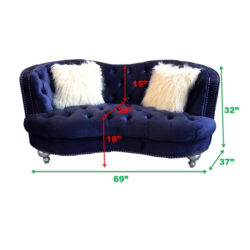 Afreen Button Tufted 3Pc Sofa Set Finished with Velvet Fabric Upholstery in Blue